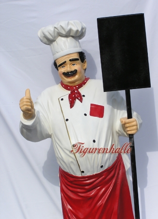 Preview: Koch mit Schürze und Menütafel als Werbeaufsteller Preview: Koch Werbefigur mit roter Schürze und Menütafel