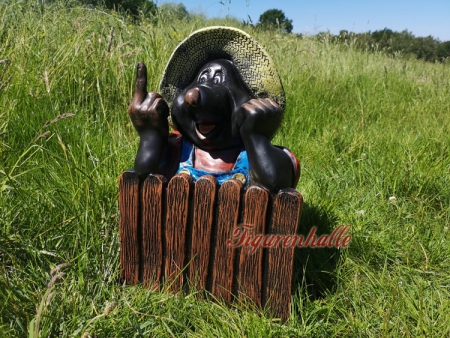 Preview: Fröhlicher Maulwurfs am Gartenzaun mit Stinkefinger